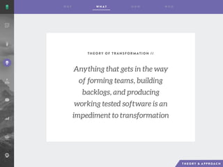 THEORY OF TRANSFORMATION //
Anything that gets in the way
of forming teams, building
backlogs, and producing
working tested software is an
impediment to transformation
 