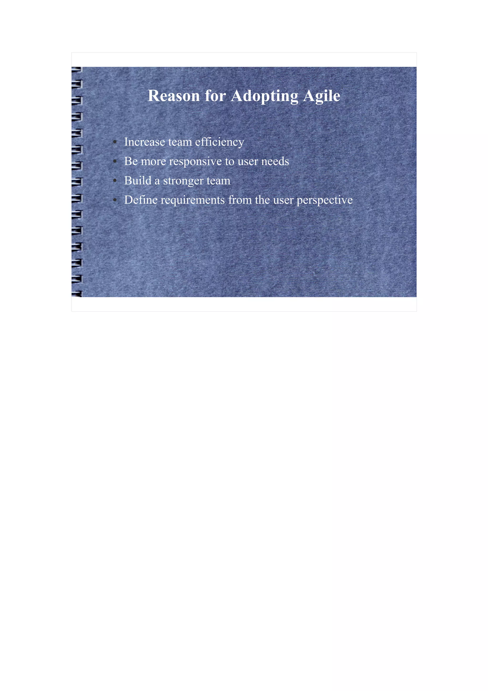 Reason for Adopting Agile

●   Increase team efficiency
●   Be more responsive to user needs
●   Build a stronger team
●   Define requirements from the user perspective
 