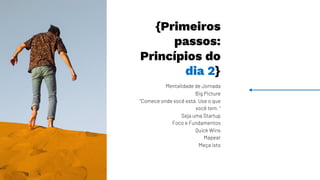 Mentalidade de Jornada
Big Picture
“Comece onde você está. Use o que
você tem. “
Seja uma Startup
Foco e Fundamentos
Quick Wins
Mapear
Meça isto
{Primeiros
passos:
Princípios do
dia 2}
 