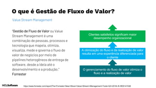 O que é Gestão de Fluxo de Valor?
Value Stream Management
“Gestão de Fluxo de Valor ou Value
Stream Management é uma
combinação de pessoas, processos e
tecnologia que mapeia, otimiza,
visualiza, mede e governa o fluxo de
valor de negócios por meio de
pipelines heterogêneos de entrega de
software, desde a ideia até o
desenvolvimento e a produção.”
Forrester
https://www.forrester.com/report/The+Forrester+New+Wave+Value+Stream+Management+Tools+Q3+2018/-/E-RES141538
O gerenciamento do fluxo de valor otimiza o
fluxo e a realização de valor
A otimização do fluxo e da realização de valor
resulta em uma experiência diferenciada para
o cliente
Clientes satisfeitos significam maior
desempenho organizacional
 