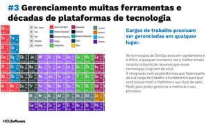 #3 Gerenciamento muitas ferramentas e
décadas de plataformas de tecnologia
As tecnologias de DevOps evoluem rapidamente e
é difícil, a qualquer momento, ter o melhor e mais
recente conjunto de recursos que essas
tecnologias exigiriam de você.
A integração com as plataformas que fazem parte
da sua carga de trabalho é fundamental para que
você possa medir e melhorar o seu fluxo de valor.
Medir para poder gerenciar e melhorar o seu
processo.
Cargas de trabalho precisam
ser gerenciadas em qualquer
lugar.
 