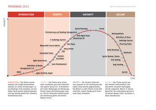 TRENDWAVE 2013                                                                                                                    Agile Trends & Benchmarks Schweiz 2013 4




                        INTRODUCTION                                   GROWTH                              MATURITY                                    DECLINE
PRIORITY




                                                                                                  Sprint Planning            Scrum

                                                           Priorisierung und Backlog Management
                                                                                                                                               Retrospektiven
                                                                                                    Task Mgmt Tools
                                                                                                                                                      Deﬁnition of Done
                                                                                             Dedizierter PO
                                                                3-4wöchige Sprints                                                                         2wöchige Sprints

                                                                                      ALM Tools                                                             Planning Poker
                                                    Wasserfall/ Scrum Hybrid
                                                                                  Story Points
                                                                                                                                         Daily Standups
                                                                                TDD
                                                    Embedded Tester                                                                                               Taskboard

                                                                           Kanban                                                   Sprint Review / Demo
                                                                         ScrumBan
                                            Agile Governance                                                                                  Unit Testing

                                                                   Lean Development                                                              Bug Tracking
                                    Deﬁnition of Ready
                           Management 3.0

                      DSDM                                                                                                                                      Sprints
                                                Agile Portfolio Mgmt


                                                                                                                                                                             TIME
           INTRODUCTION – Das Thema wurde            GROWTH – Das Thema wird immer           MATURITY – Die meisten Unterneh-          DECLINE – Das Thema wurde von
           erkannt und einige Unternehmen            mehr anerkannt und viele Unterneh-      men arbeiten an der Umsetzung oder        den meisten Unternehmen, mit
           arbeiten an ersten Umsetzungen. Es        men gehen darauf ein. Es entstehen      haben diese bereits abgeschlossen.        Ausnahme einzelner Nachzügler,
           ist allerdings nicht absehbar, ob sich    die ersten Werkzeuge und Beratungs-     Das Wissen zu dem Thema ist oft sehr      bereits umgesetzt. Wissen in diesen
           dieser Trend positiv weiterentwickelt     ﬁrmen bieten Dienstleistungen dazu      verbreitet, wobei häuﬁg auch Unter-       Bereichen neu aufzubauen generiert
           und das Testing tatsächlich erheblich     an. Mit der fehlenden Erfahrung bei     arten dazu entstehen.                     oft keinen Nutzen mehr, da dieses in
           beeinﬂussen wird.                         der Umsetzung gehen oft diverse                                                   Kürze obsolet wird.
                                                     Risiken einher.
 