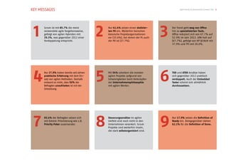 KEY MESSAGES                                                                                   Agile Trends & Benchmarks Schweiz 2013 5




 1    Scrum ist mit 85.7% die meist
      verwendete agile Vorgehensweise,
      gefolgt von agilen Hybriden mit
      29.3%, was gegenüber 2012 einer
      Verdoppelung entspricht.
                                            2   Nur 41.4% setzen einen dedizier-
                                                ten PO ein. Weiterhin herrschen
                                                klassische Projektorganisationen
                                                vor (33.6%), bei denen der PL auch
                                                der PO ist (27.7%).
                                                                                     3   Der Trend geht weg von Ofﬁce
                                                                                         hin zu spezialisierten Tools.
                                                                                         Ofﬁce reduziert sich von 67.7% auf
                                                                                         52.9% im Jahr 2013. JIRA holt auf
                                                                                         (47.7%), gefolgt von HP QC/ALM mit
                                                                                         37.9% und TFS mit 20.0%.




 4    Nur 27.9% haben bereits seit Jahren
      praktische Erfahrung mit dem Ein-
      satz von agilen Methoden. Deshalb
      erstaunt es nicht, dass 50% der
      Befragten unzufrieden ist mit der
                                            5   Mit 54% scheitern die meisten
                                                agilen Projekte aufgrund von
                                                Schwierigkeiten beim Verknüpfen
                                                der Unternehmensphilosophie
                                                mit agilen Werten.
                                                                                     6   TDD und ATDD Ansätze haben
                                                                                         sich gegenüber 2012 praktisch
                                                                                         verdoppelt. Auch der Embedded
                                                                                         Tester scheint sich allmählich
                                                                                         durchzusetzen.
      Umsetzung.




 7    65.4% der Befragten setzen sich
      mit Extrem-Priorisierung wie z.B.
      Priority Poker auseinander.
                                            8   Steuerungsansätze im agilen
                                                Umfeld sind noch nicht in den
                                                Unternehmen verankert. Scrum
                                                Projekte sind weiterhin Inseln,
                                                die stark selbstorganisiert sind.
                                                                                     9   Nur 17.9% setzen die Deﬁnition of
                                                                                         Ready ein. Demgegenüber stehen
                                                                                         62.1% für die Deﬁnition of Done.
 