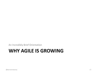 An Incredibly Brief Orientation 
WHY AGILE IS GROWING 
@berniemaloney 17 
 