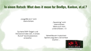 In einem Rutsch: What does it mean for DevOps, Kanban, et.al.?
„Losgröße eins” nicht
überschätzen
„Swarming“ nicht
überschätzen
(Aber auch nicht
unterschätzen ;-) )
Systeme (WIP-Targets und
Policies) mit dem Ziel „In einem
Rutsch“ durchzukommen
entwerfen
Verweildauern in passiven
Spalten angucken und sichtbar
machen ...
Andon Board
By Mustafasari, CC BY-SA 3.0, Link
 