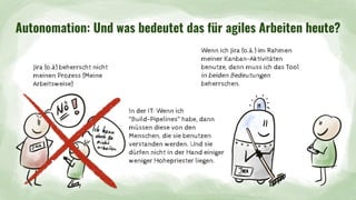Autonomation: Und was bedeutet das für agiles Arbeiten heute?
Jira (o.ä) beherrscht nicht
meinen Prozess (Meine
Arbeitsweise)
Wenn ich Jira (o.ä.) im Rahmen
meiner Kanban-Aktivitäten
benutze, dann muss ich das Tool
in beiden Bedeutungen
beherrschen.
In der IT: Wenn ich
“Build-Pipelines” habe, dann
müssen diese von den
Menschen, die sie benutzen
verstanden werden. Und sie
dürfen nicht in der Hand einiger
weniger Hohepriester liegen.
 