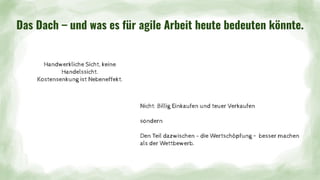 Das Dach – und was es für agile Arbeit heute bedeuten könnte.
Nicht: Billig Einkaufen und teuer Verkaufen
sondern
Den Teil dazwischen - die Wertschöpfung – besser machen
als der Wettbewerb.
Handwerkliche Sicht, keine
Handelssicht.
Kostensenkung ist Nebeneffekt.
 