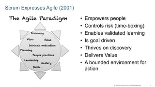 © 1993-2014 Scrum.org, All Rights Reserved 5 
Scrum Expresses Agile (2001) 
• Empowers people 
• Controls risk (time-boxin...