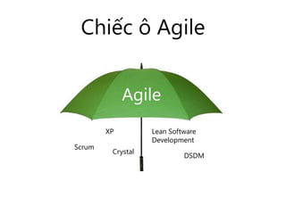 Chiếc ô Agile


             Agile
        XP         Lean Software
                   Development
Scrum
         Crystal
                            DSDM
 