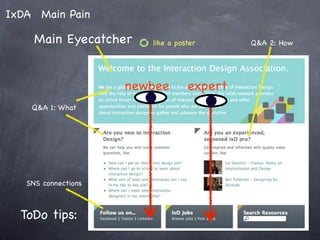 IxDA Main Pain

     Main Eyecatcher    like a poster      Q&A 2: How




                     newbee       expert
    Q&A 1: What




   SNS connections



  ToDo tips:
 