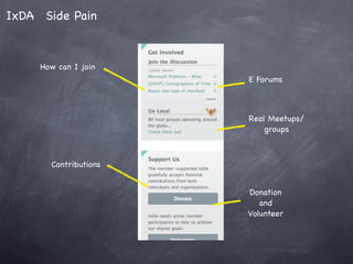 IxDA Side Pain



     How can I join
                       E Forums



                       Real Meetups/
                           groups



       Contributions


                       Donation
                          and
                       Volunteer
 