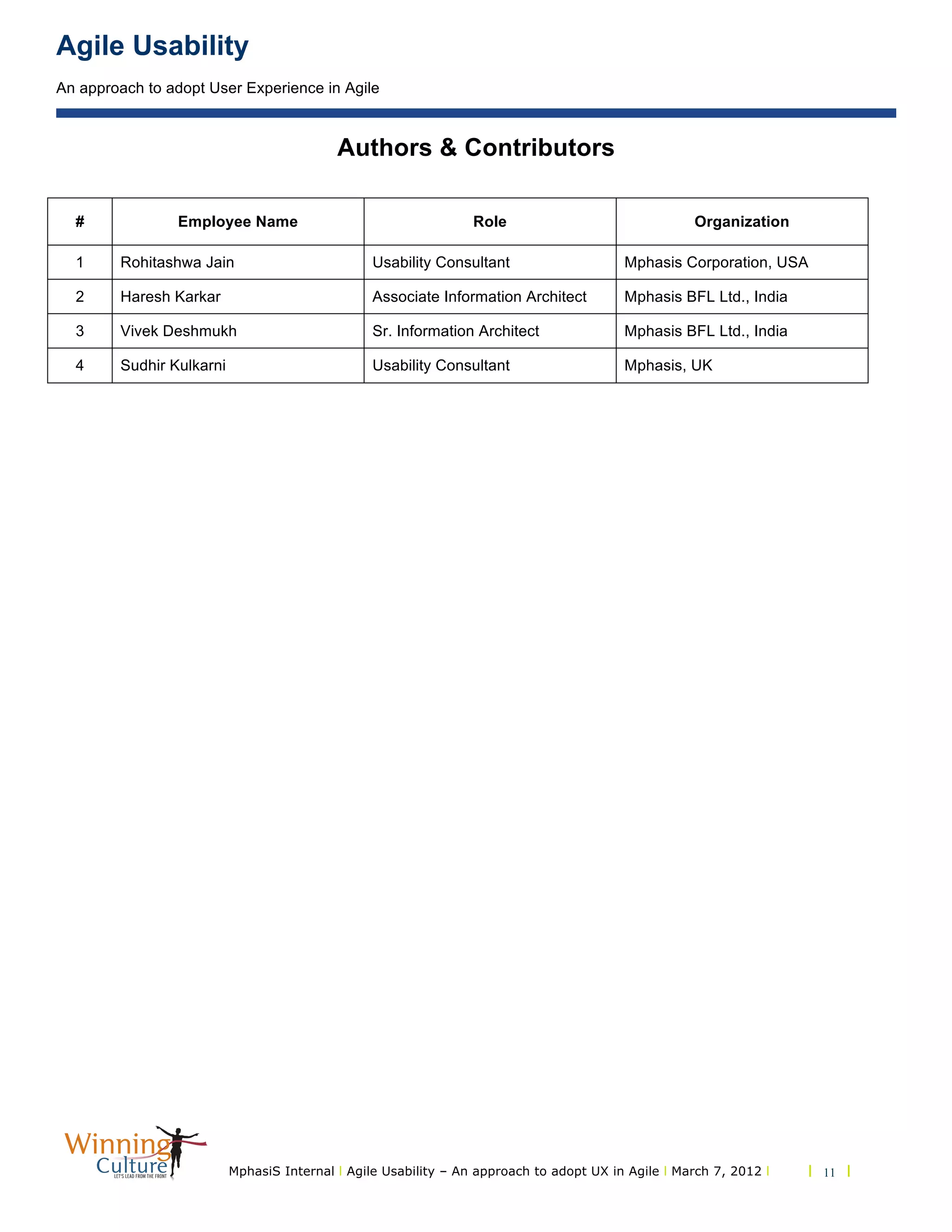 Agile Usability
An approach to adopt User Experience in Agile
MphasiS Internal l Agile Usability – An approach to adopt UX in Agile l March 7, 2012 l l 11 l
Authors & Contributors
# Employee Name Role Organization
1 Rohitashwa Jain Usability Consultant Mphasis Corporation, USA
2 Haresh Karkar Associate Information Architect Mphasis BFL Ltd., India
3 Vivek Deshmukh Sr. Information Architect Mphasis BFL Ltd., India
4 Sudhir Kulkarni Usability Consultant Mphasis, UK
 