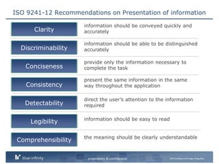 ISO 9241-12 Recommendations on Presentation of informationinformation should be conveyed quickly and accuratelyClarityinformation should be able to be distinguished accuratelyDiscriminabilityprovide only the information necessary to complete the taskConcisenesspresent the same information in the same way throughout the applicationConsistencydirect the user’s attention to the information requiredDetectabilityLegibilityinformation should be easy to readComprehensibilitythe meaning should be clearly understandable