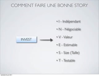 COMMENT FAIRE UNE BONNE STORY


                                   •I   - Indépendant

                                   •N    - Négociable

                                   •V   - Valeur
                        INVEST
                                   •E   - Estimable

                                   •S   - Size (Taille)

                                   •T   - Testable


vendredi 24 juin 2011
 