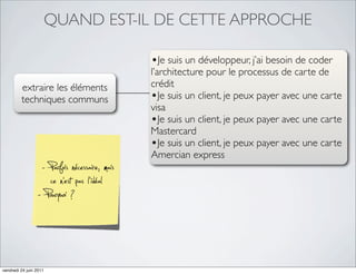 QUAND EST-IL DE CETTE APPROCHE

                                                •Je suis un développeur, j’ai besoin de coder
                                                l’architecture pour le processus de carte de
         extraire les éléments                  crédit
         techniques communs                     •Je suis un client, je peux payer avec une carte
                                                visa
                                                •Je suis un client, je peux payer avec une carte
                                                Mastercard
                                                •Je suis un client, je peux payer avec une carte
                                                Amercian express
                   - Parfois nécessaire, mais
                     ce n’est pas l'idéal
                  - Pourquoi ?


vendredi 24 juin 2011
 