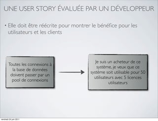 UNE USER STORY ÉVALUÉE PAR UN DÉVELOPPEUR

   • Elle    doit être réécrite pour montrer le bénéﬁce pour les
       utilisateurs et les clients




                                              Je suis un acheteur de ce
        Toutes les connexions à
                                               système, je veux que ce
          la base de données
                                           système soit utilisable pour 50
         doivent passer par un
                                             utilisateurs avec 5 licences
          pool de connexions
                                                      utilisateurs




vendredi 24 juin 2011
 