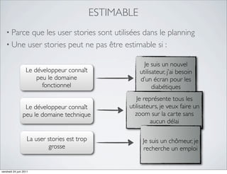 ESTIMABLE
   • Parceque les user stories sont utilisées dans le planning
   • Une user stories peut ne pas être estimable si :

                                                             Je suis un nouvel
                   Le développeur connaît                  utilisateur, j’ai besoin
                       peu le domaine                      d’un écran pour les
                         fonctionnel                             diabétiques
                                                         Je représente tous les
                 Le développeur connaît               utilisateurs, je veux faire un
                peu le domaine technique                zoom sur la carte sans
                                                               aucun délai

                    La user stories est trop                Je suis un chômeur, je
                             grosse                         recherche un emploi


vendredi 24 juin 2011
 