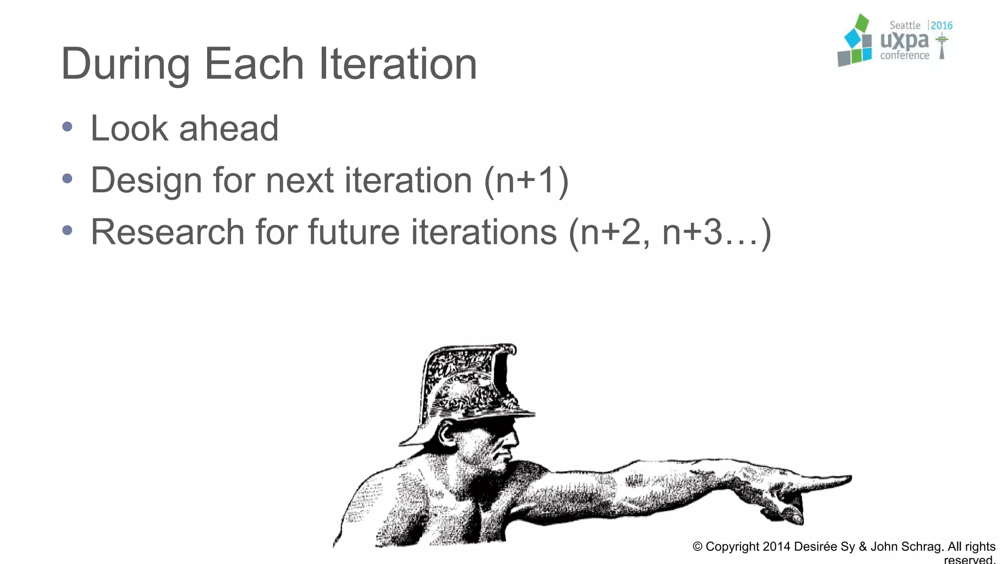 During Each Iteration
• Look ahead
• Design for next iteration (n+1)
• Research for future iterations (n+2, n+3…)
© Copyright 2014 Desirée Sy & John Schrag. All rights
 