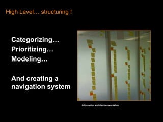 High Level… structuring !Categorizing…	Prioritizing…	Modeling…	And creating a navigation systemInformation architecture workshop
