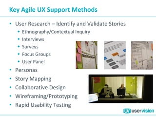 Key Agile UX Support Methods
• User Research – Identify and Validate Stories
 Ethnography/Contextual Inquiry
 Interviews
 Surveys
 Focus Groups
 User Panel
• Personas
• Story Mapping
• Collaborative Design
• Wireframing/Prototyping
• Rapid Usability Testing
 