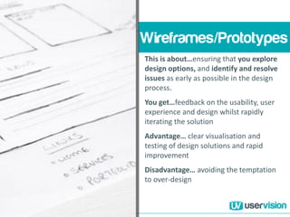 Wireframes/Prototypes
This is about…ensuring that you explore
design options, and identify and resolve
issues as early as possible in the design
process.
You get…feedback on the usability, user
experience and design whilst rapidly
iterating the solution
Advantage… clear visualisation and
testing of design solutions and rapid
improvement
Disadvantage… avoiding the temptation
to over-design
 