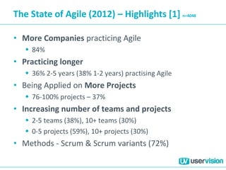 The State of Agile (2012) – Highlights [1] n=4048
• More Companies practicing Agile
 84%
• Practicing longer
 36% 2-5 years (38% 1-2 years) practising Agile
• Being Applied on More Projects
 76-100% projects – 37%
• Increasing number of teams and projects
 2-5 teams (38%), 10+ teams (30%)
 0-5 projects (59%), 10+ projects (30%)
• Methods - Scrum & Scrum variants (72%)
 