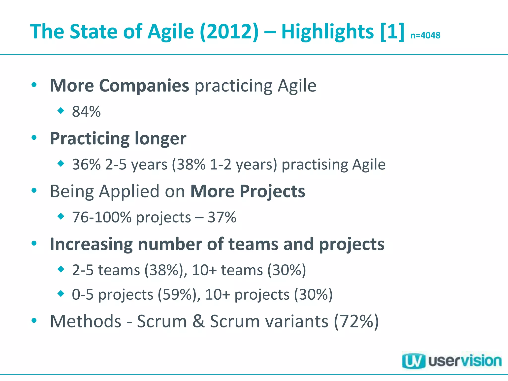 The State of Agile (2012) – Highlights [1] n=4048
• More Companies practicing Agile
 84%
• Practicing longer
 36% 2-5 years (38% 1-2 years) practising Agile
• Being Applied on More Projects
 76-100% projects – 37%
• Increasing number of teams and projects
 2-5 teams (38%), 10+ teams (30%)
 0-5 projects (59%), 10+ projects (30%)
• Methods - Scrum & Scrum variants (72%)
 