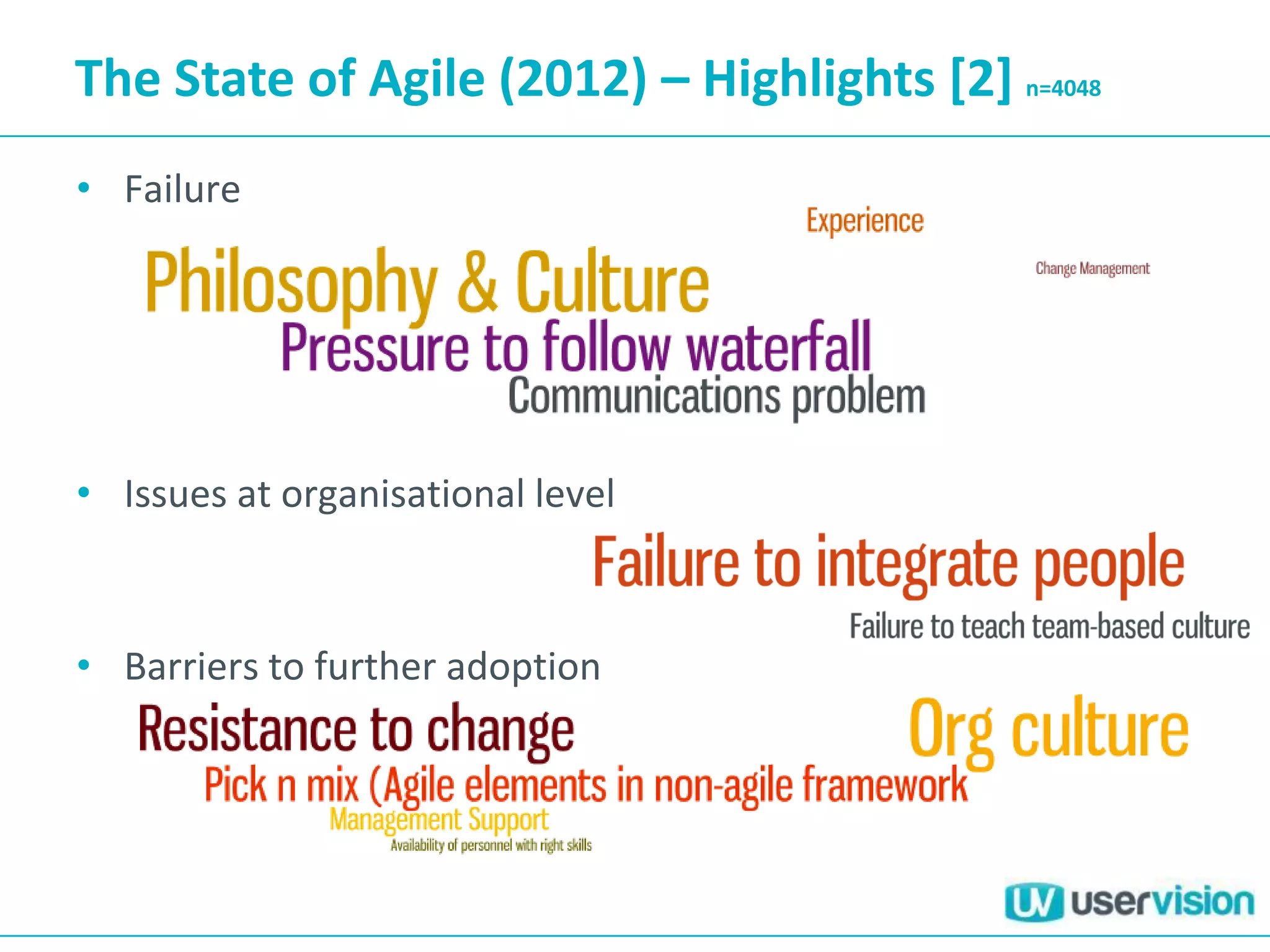The State of Agile (2012) – Highlights [2] n=4048
• Failure
• Issues at organisational level
• Barriers to further adoption
 
