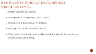 UX’S PLACE IN PRODUCT DEVELOPMENT
PORTFOLIO LEVEL
● Perform user research activities
● Development of user personas and us...