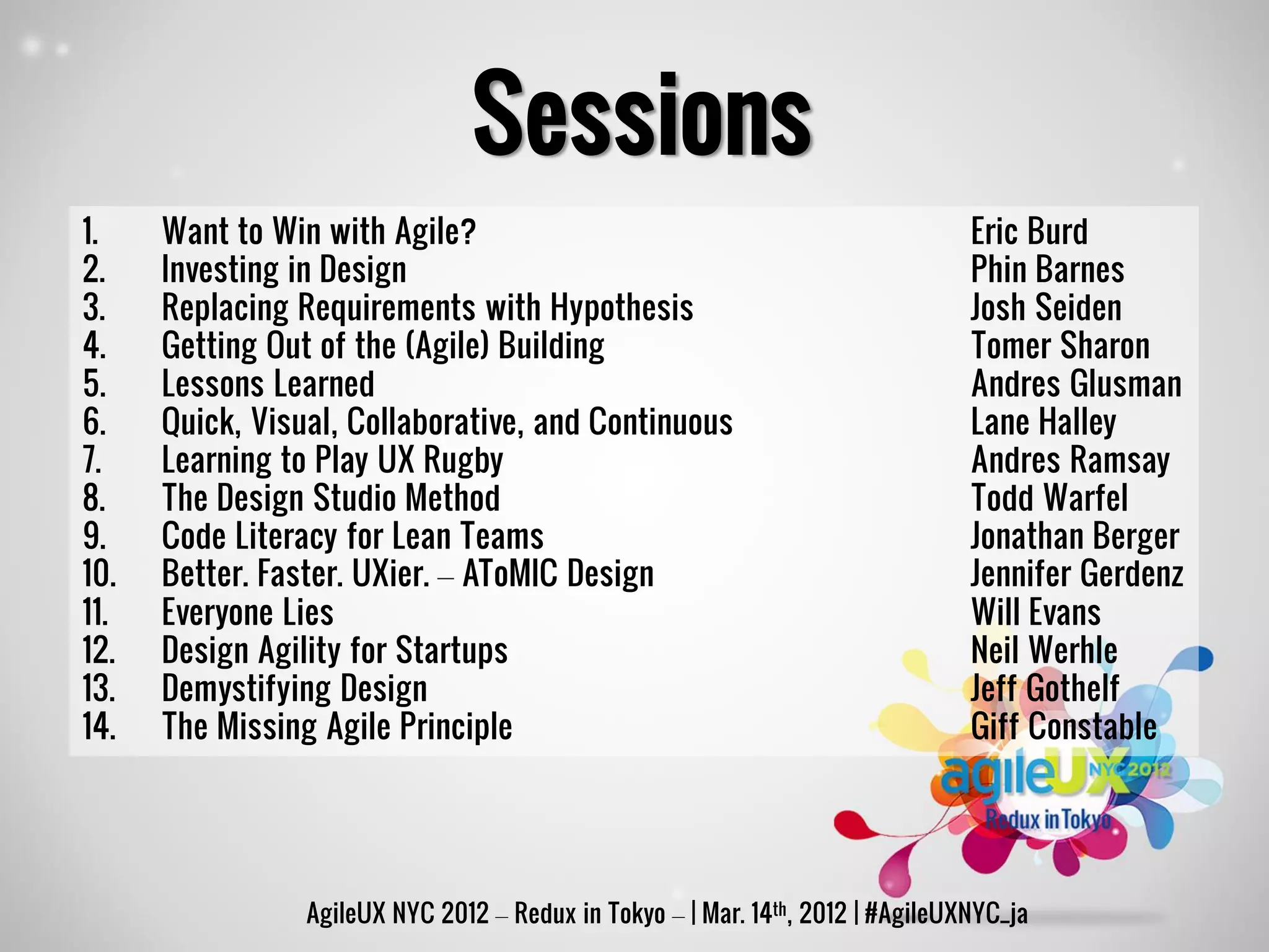 Sessions
1.    Want to Win with Agile?                                                    Eric Burd
2.    Investing in Design                                                        Phin Barnes
3.    Replacing Requirements with Hypothesis                                     Josh Seiden
4.    Getting Out of the (Agile) Building                                        Tomer Sharon
5.    Lessons Learned                                                            Andres Glusman
6.    Quick, Visual, Collaborative, and Continuous                               Lane Halley
7.    Learning to Play UX Rugby                                                  Andres Ramsay
8.    The Design Studio Method                                                   Todd Warfel
9.    Code Literacy for Lean Teams                                               Jonathan Berger
10.   Better. Faster. UXier. – AToMIC Design                                     Jennifer Gerdenz
11.   Everyone Lies                                                              Will Evans
12.   Design Agility for Startups                                                Neil Werhle
13.   Demystifying Design                                                        Jeff Gothelf
14.   The Missing Agile Principle                                                Giff Constable




                 AgileUX NYC 2012 – Redux in Tokyo – | Mar. 14th, 2012 | #AgileUXNYC_ja
 