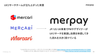 リサーチチームが立ち上がった背景 
/ / 事業で やデザイナーが
リサーチを実践し効果を体感してき
た流れを大きく受けている 
「6,000万DL メルカリがユーザビリティテストを大事にする理由」https://mercan.mercari....