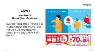 e C 
electronic
Know Your Customer 
C 銀行口座開設などで必要な本
人確認手続き 総称 ことで、これ
をオンラインで行なう仕組みが
e C。日本で初めてメルペイがリ
リース！ 
 
 