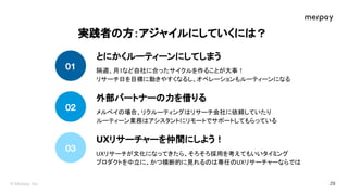 実践者 方：アジャイルにしていくに ？ 
とにかくルーティーンにしてしまう
リサーチャーを仲間にしよう！
外部パートナー 力を借りる
メルペイ 場合、リクルーティング リサーチ会社に依頼していたり 
ルーティーン業務 アシスタントにリモートでサ...