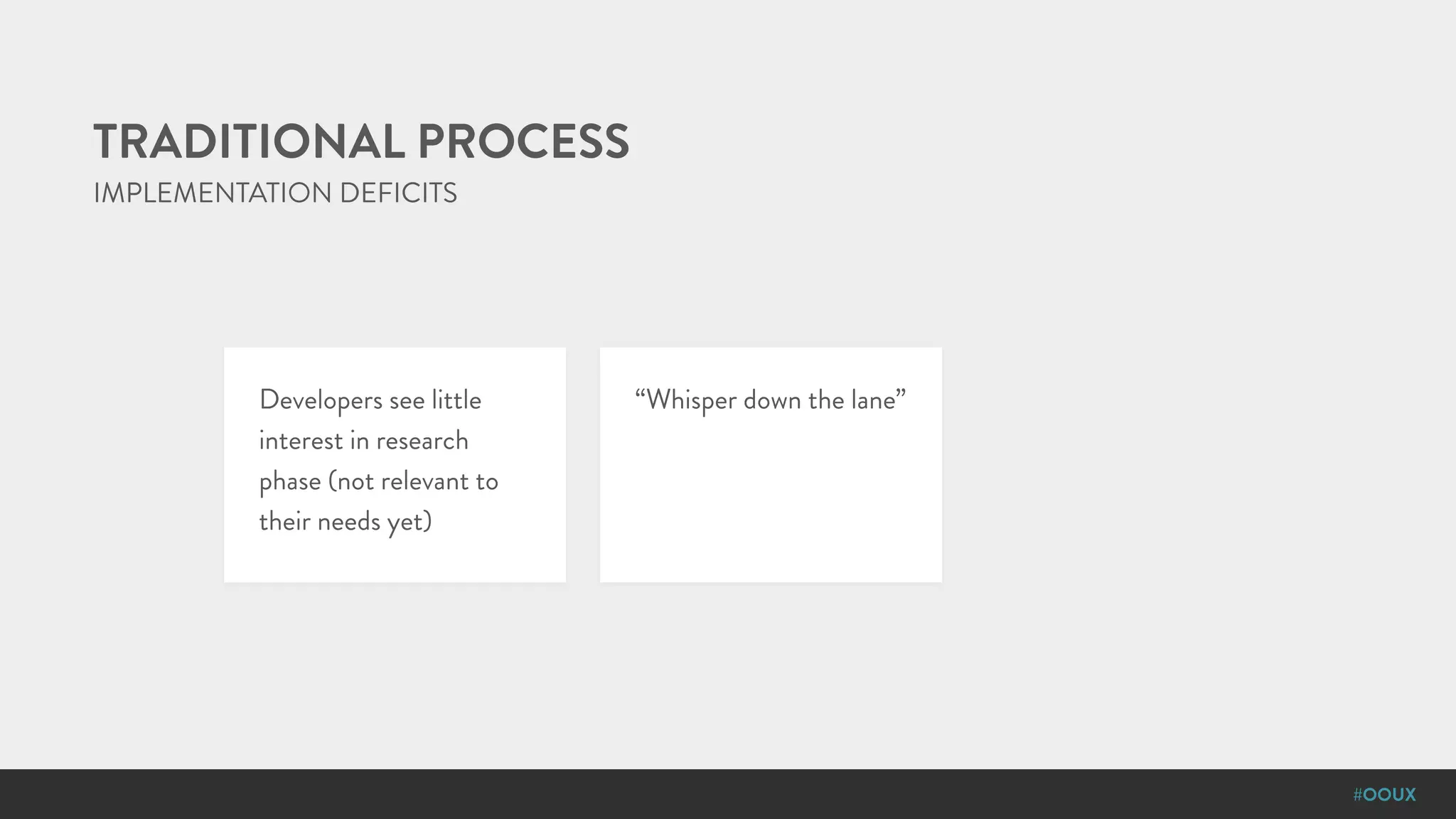 #OOUX
IMPLEMENTATION DEFICITS
TRADITIONAL PROCESS
Developers see little
interest in research
phase (not relevant to
their needs yet)
“Whisper down the lane”
 
