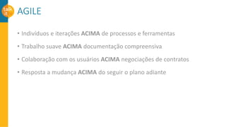 AGILE
• Indivíduos e iterações ACIMA de processos e ferramentas
• Trabalho suave ACIMA documentação compreensiva
• Colaboração com os usuários ACIMA negociações de contratos
• Resposta a mudança ACIMA do seguir o plano adiante
 