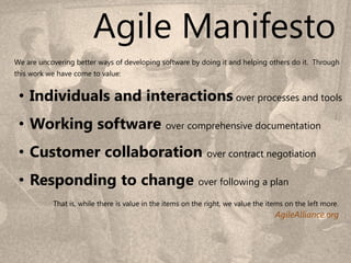 Agile Manifesto
We are uncovering better ways of developing software by doing it and helping others do it. Through
this work we have come to value:


 • Individuals and interactions over processes and tools
 • Working software over comprehensive documentation
 • Customer collaboration over contract negotiation
 • Responding to change over following a plan
           That is, while there is value in the items on the right, we value the items on the left more.
                                                                                   AgileAlliance.org



                                                                                                    5
 