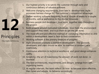 1. Our highest priority is to satisfy the customer through early and
                                continuous delivery of valuable software.
                            2. Welcome changing requirements, even late in development. Agile
                                processes harness change for the customer's competitive advantage.




12
                            3. Deliver working software frequently, from a couple of weeks to a couple
                                of months, with a preference to the shorter timescale.
                            4. Business people and developers must work together daily throughout
                                the project.
                            5. Build projects around motivated individuals. Give them the environment
                                and support they need, and trust them to get the job done.
                            6. The most efficient and effective method of conveying information to and
Principles                      within a development team is face-to-face conversation.
                            7. Working software is the primary measure of progress.
http://agilemanifesto.org
                            8. Agile processes promote sustainable development. The sponsors,
                                developers, and users should be able to maintain a constant pace
                                indefinitely.
                            9. Continuous attention to technical excellence and good design enhances
                                agility.
                            10. Simplicity--the art of maximizing the amount of work not done--is
                                essential.
                            11. The best architectures, requirements, and designs emerge from self-
                                organizing teams.
                            12. At regular intervals, the team reflects on how to become more effective,
                                then tunes and adjusts its behavior accordingly.                   6
 
