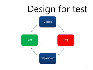 Design for test
        Design




Test               Test




       Implement

                          20
 