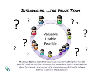 Introducing ….the Value Team
The	
  Value	
  Team:	
  A	
  team	
  that	
  has	
  everyone	
  and	
  everything	
  they	
  need	
  to	
  
idenNfy,	
  prioriNze	
  and	
  slice	
  business	
  value	
  increments,	
  and	
  to	
  make	
  decisions	
  
about	
  funcNonality	
  and	
  	
  prepare	
  the	
  informaNon	
  needed	
  by	
  the	
  delivery	
  
team(s)	
  to	
  delivery	
  a	
  feature/story.	
  
Valuable	
  
Usable	
  
Feasible	
  
	
  
?	
  
?	
   ?	
  
?	
  
?	
  
?	
  
?	
  
?	
  
?	
  
?	
  
 