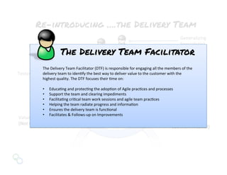 Value	
  Team	
  Facilitator	
  
(Not	
  Content	
  Neutral)	
  
Delivery	
  Team	
  	
  
Facilitator	
  
(Content	
  Neutral)	
  
Developers	
  
Re-introducing ….the Delivery Team
Team	
  Lead	
  
Generalizing	
  	
  
Specialist(s)	
  Business	
  Analysts	
  
Testers	
  
The	
  Delivery	
  Team	
  Facilitator	
  (DTF)	
  is	
  responsible	
  for	
  engaging	
  all	
  the	
  members	
  of	
  the	
  
delivery	
  team	
  to	
  idenNfy	
  the	
  best	
  way	
  to	
  deliver	
  value	
  to	
  the	
  customer	
  with	
  the	
  
highest	
  quality.	
  The	
  DTF	
  focuses	
  their	
  Nme	
  on:	
  
	
  	
  
•  EducaNng	
  and	
  protecNng	
  the	
  adopNon	
  of	
  Agile	
  pracNces	
  and	
  processes	
  	
  
•  Support	
  the	
  team	
  and	
  clearing	
  impediments	
  
•  FacilitaNng	
  criNcal	
  team	
  work	
  sessions	
  and	
  agile	
  team	
  pracNces	
  
•  Helping	
  the	
  team	
  radiate	
  progress	
  and	
  informaNon	
  
•  Ensures	
  the	
  delivery	
  team	
  is	
  funcNonal	
  
•  Facilitates	
  	
  Follows-­‐up	
  on	
  Improvements	
  
The Delivery Team Facilitator
 