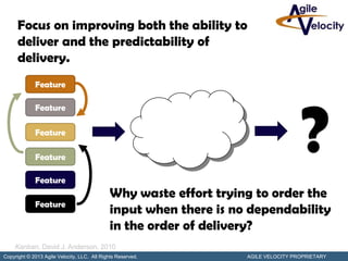 Focus on improving both the ability to
      deliver and the predictability of
      delivery.
             Feature




                                                                                    ?
             Feature

             Feature

             Feature

             Feature
                                             Why waste effort trying to order the
             Feature
                                             input when there is no dependability
                                             in the order of delivery?
     Kanban, David J. Anderson, 2010
Copyright © 2013 Agile Velocity, LLC. All Rights Reserved.         AGILE VELOCITY PROPRIETARY
 