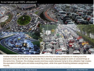 Is our target goal 100% utilization?




   Another example of sub-optimizing measurements is the focus in some companies on making sure that
   everyone is busy all of the time; and generally this is done by assigning people to work on several things at
   the same time. However, this strategy causes enormous waste because trying to drive utilization high creates
   the equivalent of traffic jams and slows everything down, while time spent thrashing between assignments
   mounts.
    http://www.scrum-breakfast.com/2011/04/interview-mary-poppendieck-on-lean.html
Copyright © 2013 Agile Velocity, LLC. All Rights Reserved.                       AGILE VELOCITY PROPRIETARY
 