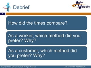 Debrief
  9




            How did the times compare?

            As a worker, which method did you
            prefer? Why?

            As a customer, which method did
            you prefer? Why?

Copyright © 2013 Agile Velocity, LLC. All Rights Reserved.   AGILE VELOCITY PROPRIETARY
 