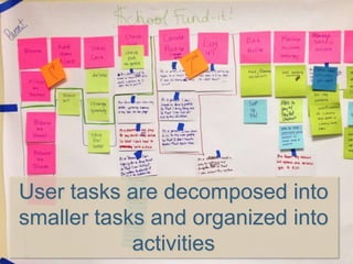 User tasks are decomposed into
smaller tasks and organized into
activities
 