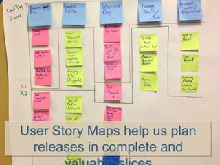 User Story Maps help us plan
releases in complete and
 