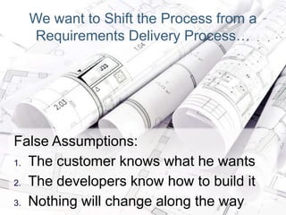 We want to Shift the Process from a
Requirements Delivery Process…
False Assumptions:
1. The customer knows what he wants
2. The developers know how to build it
3. Nothing will change along the way
 