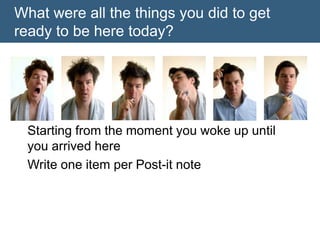 What were all the things you did to get
ready to be here today?
Starting from the moment you woke up until
you arrived here
Write one item per Post-it note
 