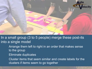 In a small group (3 to 5 people) merge these post-its
into a single model
Arrange them left to right in an order that makes sense
to the group
Eliminate duplicates
Cluster items that seem similar and create labels for the
clusters if items seem to go together
 