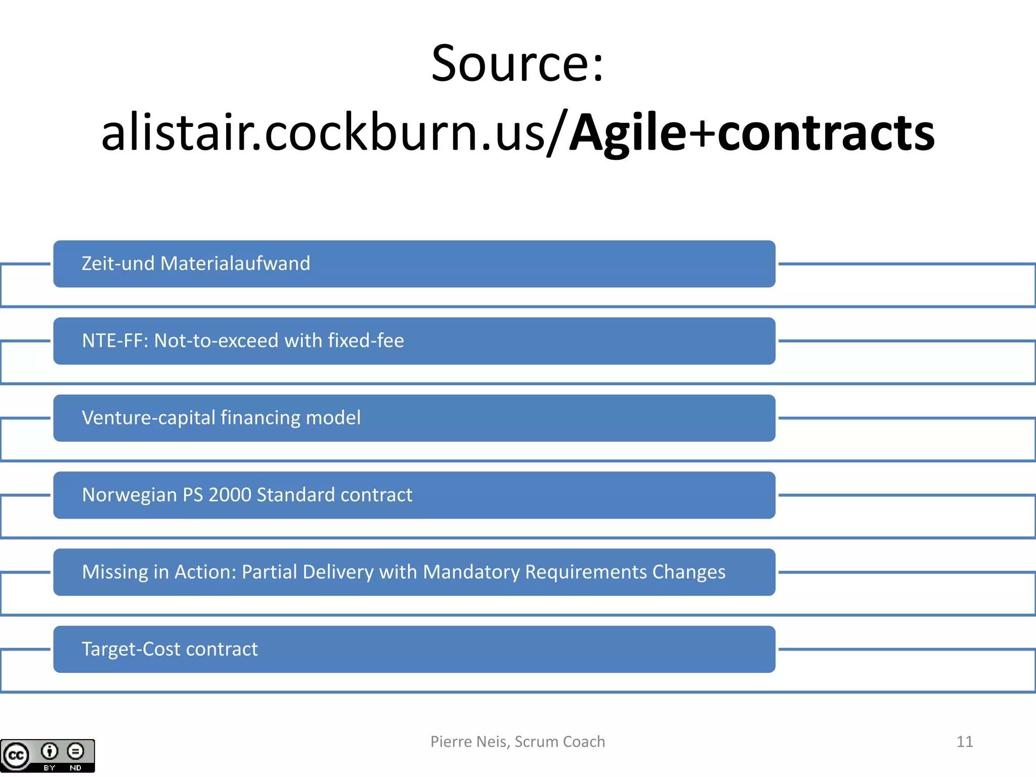 Source:
alistair.cockburn.us/Agile+contracts
Zeit-und Materialaufwand
NTE-FF: Not-to-exceed with fixed-fee
Venture-capital financing model
Norwegian PS 2000 Standard contract
Missing in Action: Partial Delivery with Mandatory Requirements Changes
Target-Cost contract
Pierre Neis, Scrum Coach 11
 