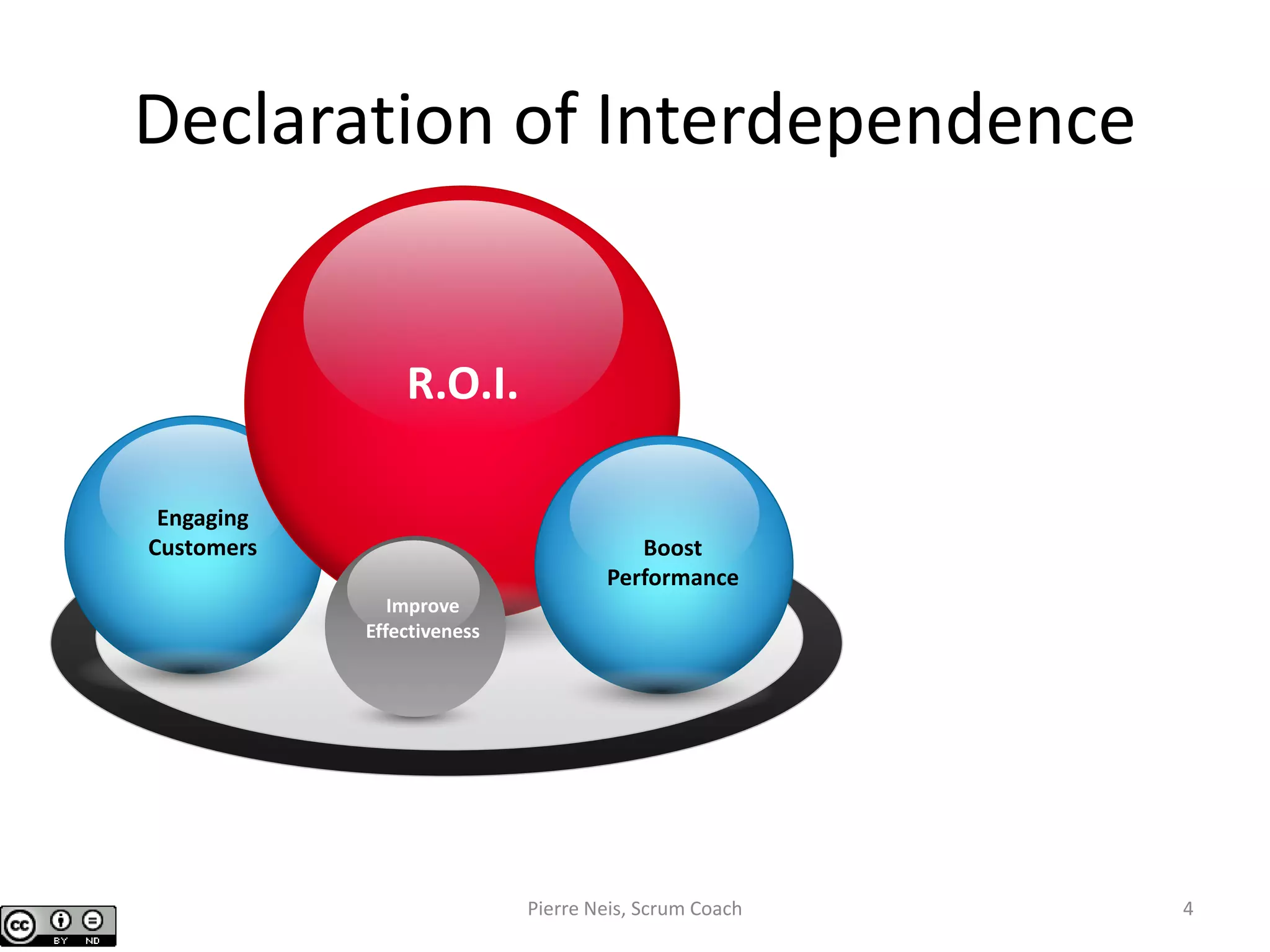 Declaration of Interdependence
Engaging
Customers
Improve
Effectiveness
R.O.I.
Boost
Performance
Pierre Neis, Scrum Coach 4
 